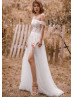 Off Shoulder Beaded Ivory Lace Tulle Side Split Wedding Dress